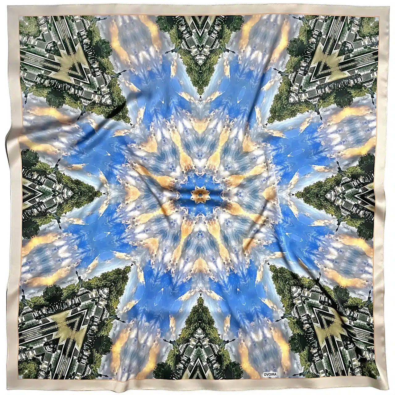 Créatrice de foulards uniques en soie de la marque Dvoira avec des motifs architecturaux rappelant les kaléidoscopes. Les dessins sont basés sur mes photographies de l'architecture de Poitiers, Chauvigny, Paris et d'autres villes françaises.