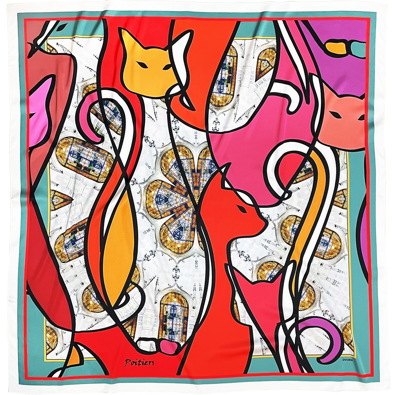 Créatrice de foulards uniques en soie de la marque Dvoira avec des motifs architecturaux rappelant les kaléidoscopes. Les dessins sont basés sur mes photographies de l'architecture de Poitiers, Chauvigny, Paris et d'autres villes françaises.
