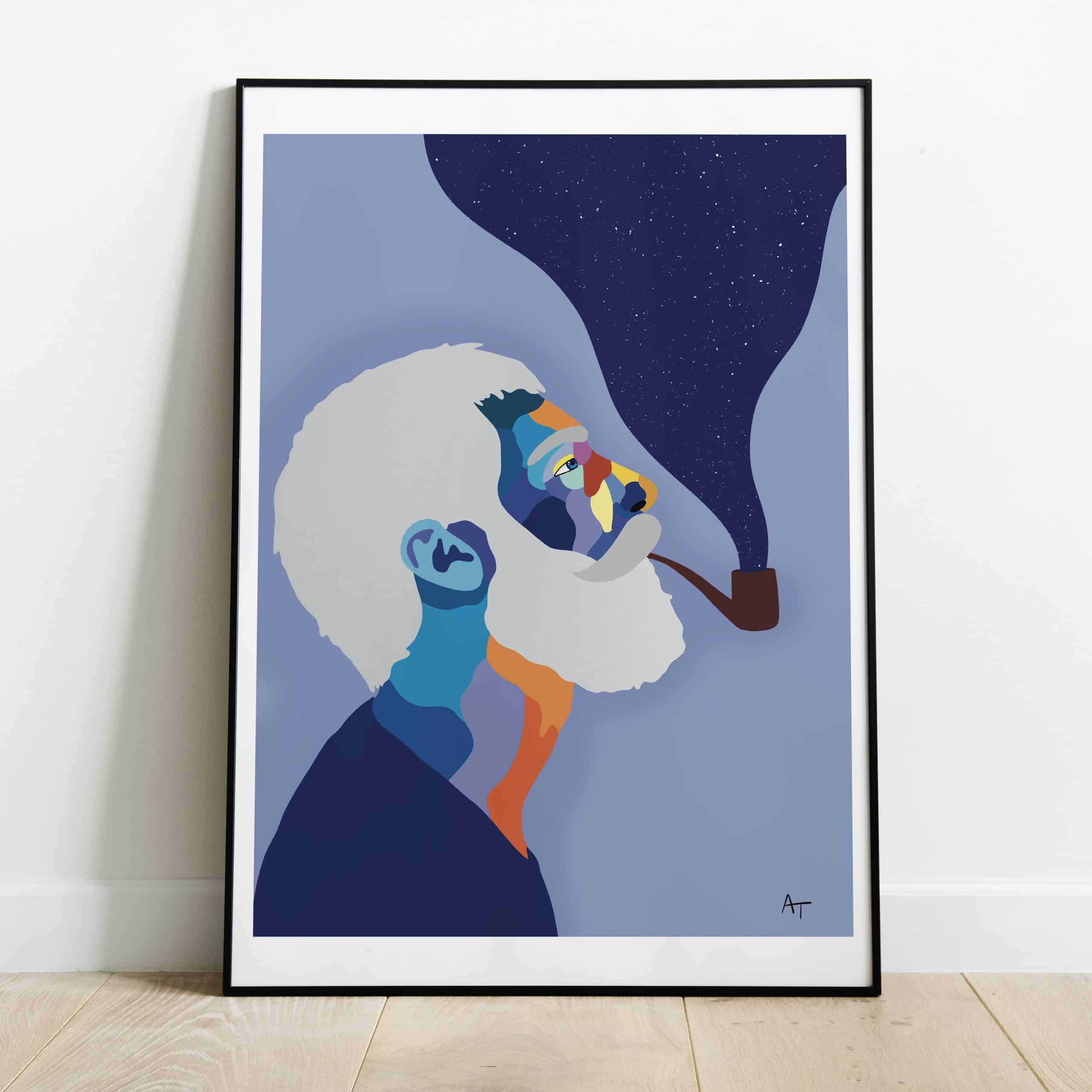 Portrait d'un homme de profil, illustration colorée dans les teintes bleues.